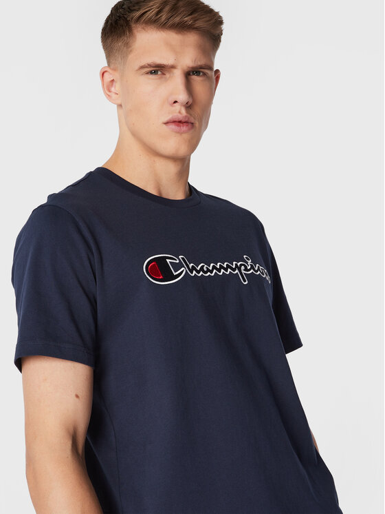 Champion Champion T-krekls Script Logo Embroidery 218007 Tumši zils Regular Fit