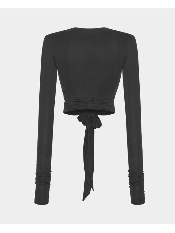 BENU BENU Bluzka Cupro z Wiązaniem Czarny Slim Fit