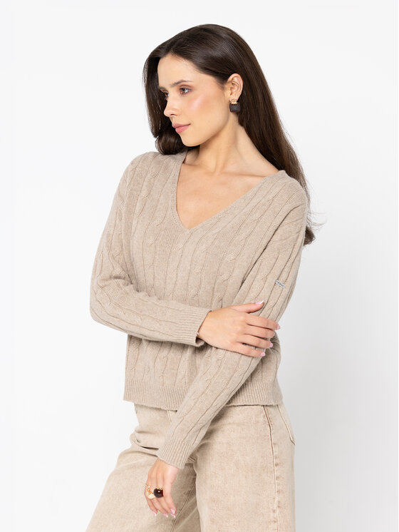 Miss LK Miss LK Sweter MISSLKS Beżowy V-Neck Fit