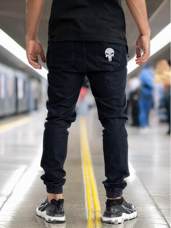 Marvel Marvel Jeansy Spodnie Jeansowe Jogger Męskie Ciemne Granatowe Marvel Promo Punisher Small Logo L Granatowy Regular Fit