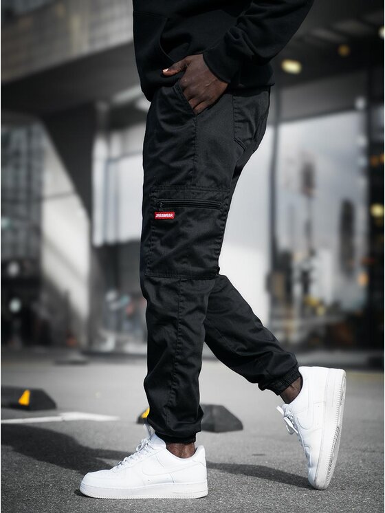 Jigga Wear Jigga Wear Spodnie materiałowe Spodnie Materiałowe Jogger Bojówki Męskie Czarne / Czerwone Jigga Wear Stripe Zip Cargo XL/2XL LONG Czarny Regular Fit
