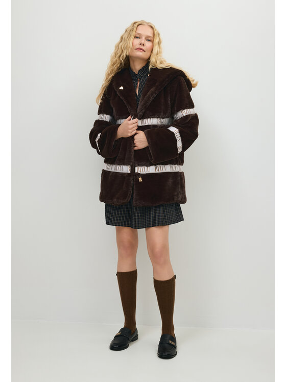 BIZUU BIZUU Kožešina MILANO FAUX FUR LAPEL COAT Hnědá Standard Fit