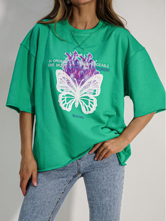 LilaLou LilaLou T-Shirt Butterfly Zielony Oversize
