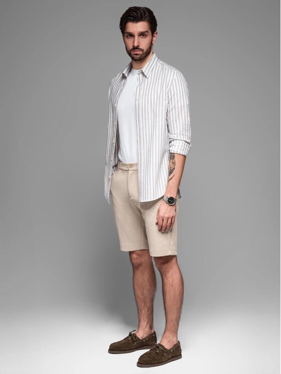 Ombre Ombre Šortky z materiálu OM-SRCS-0166 Béžová Slim Fit