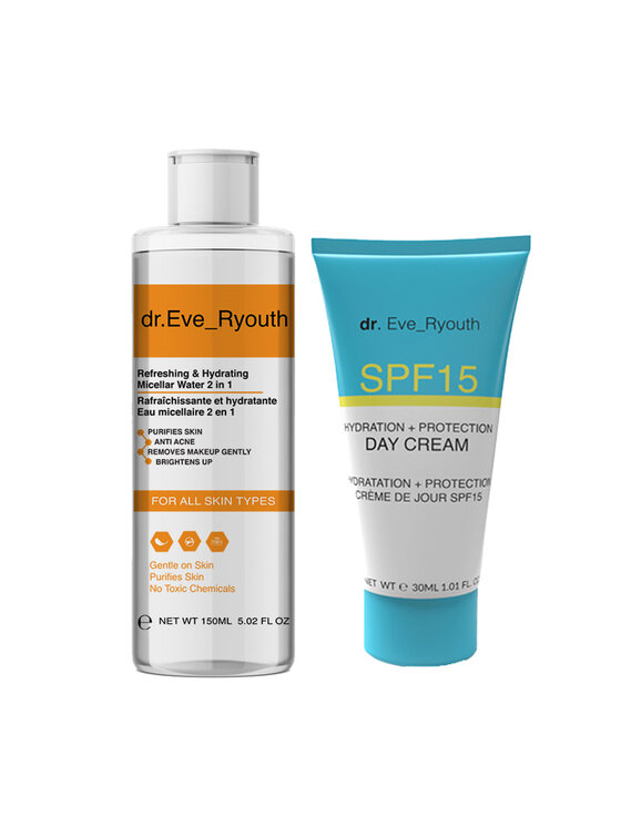 Krem na dzień dr. Eve Ryouth, Odświeżający i nawilżający płyn micelarny 2 w 1 150 ml + witamina E i mięta pieprzowa 8 ml