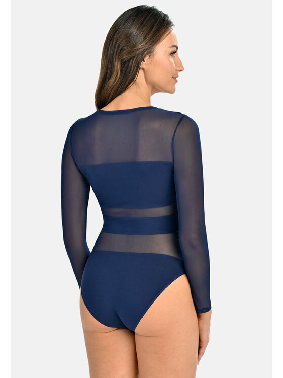 Teyli Teyli Body z wiskozy z siateczką Stripy Niebieski Regular Fit