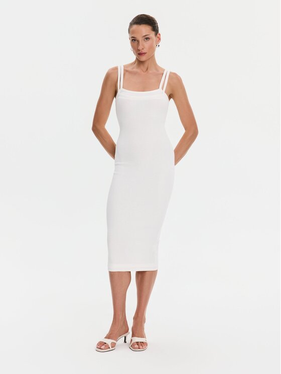 Nudyess Nudyess Sukienka codzienna Lisa z prążka Kremowy Slim Fit