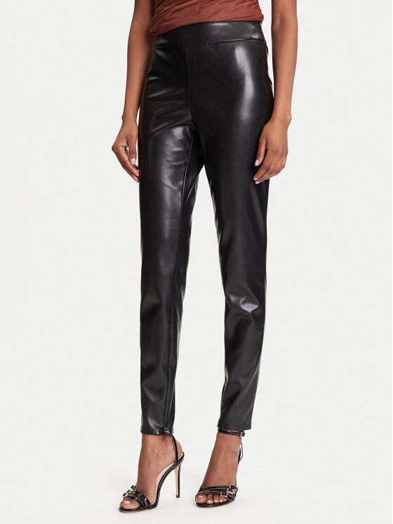 Guess Pantaloni din imitație de piele New Prescilla Petite W4BB18 WGIK0 Negru Slim Fit