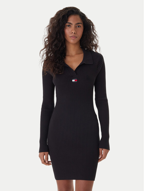 Tommy Jeans Rochie tricotată Badge DW0DW22183 Negru Slim Fit