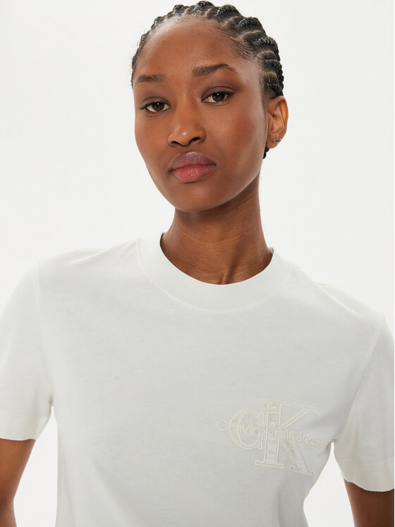 Calvin Klein Jeans Calvin Klein Jeans Marškinėliai Satin Applique J20J223925 Écru Regular Fit