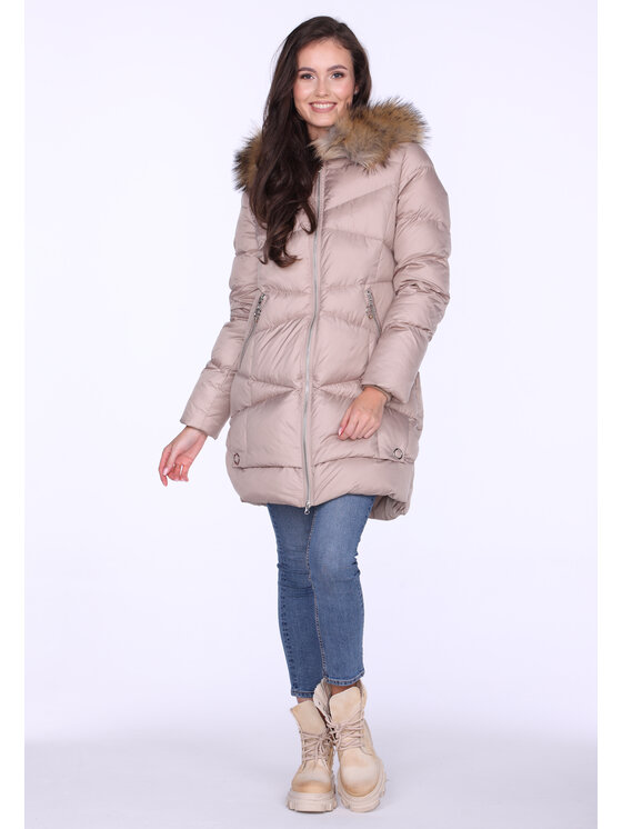 Perso Perso Kurtka zimowa LEKKO TALIOWANA ELEGANCKA ZIMOWA KURTKA DAMSKA Beżowy Fitted Fit