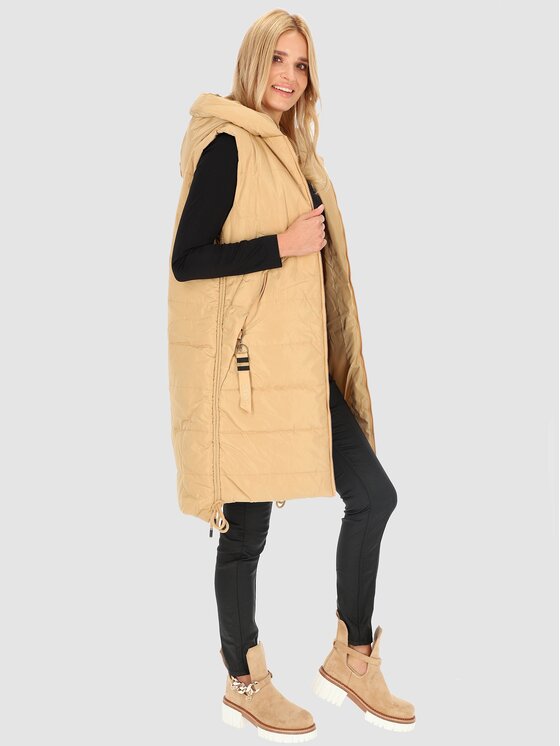 Perso Perso Bezrękawnik długa ocieplana z kapturem Beżowy Regular Fit