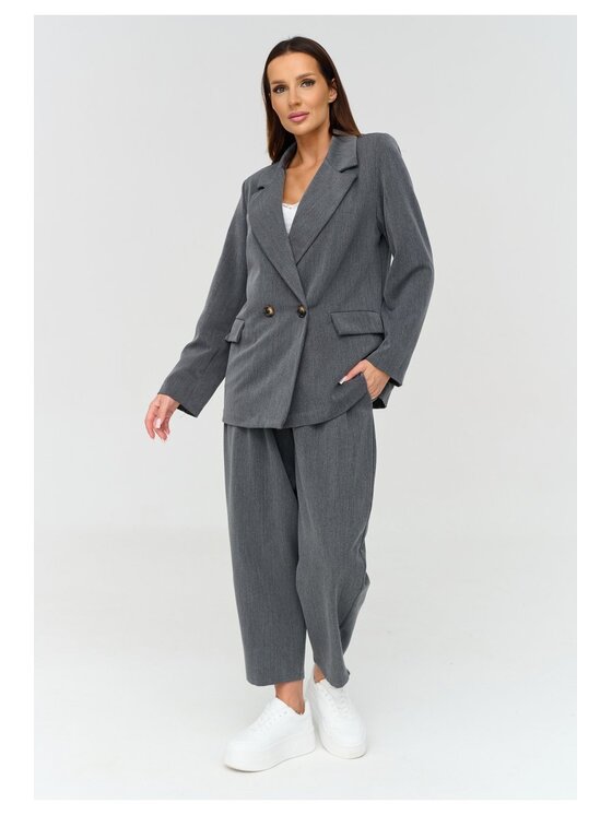 Makadamia Makadamia Komplet żakiet i spodnie materiałowe C90 Szary Loose Fit