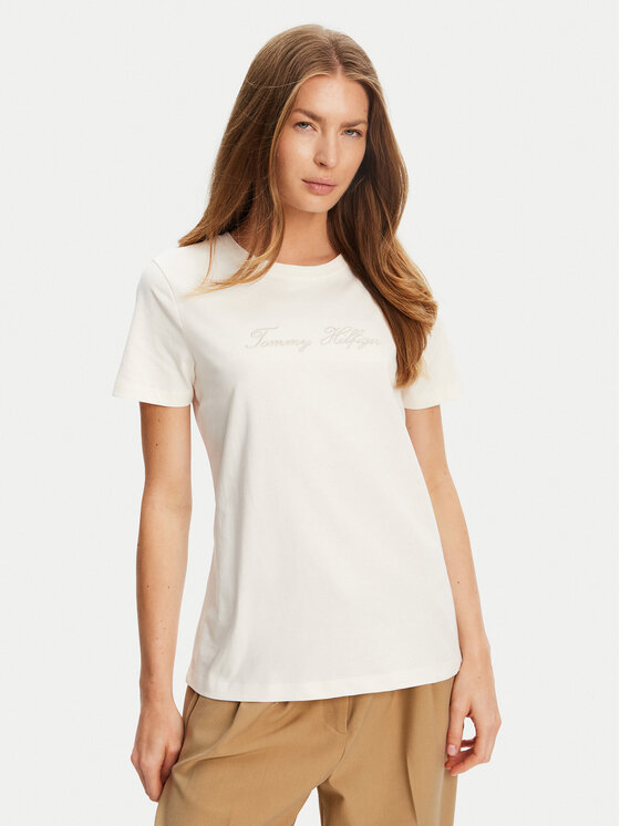 Tommy Hilfiger Tommy Hilfiger Tricou Script WW0WW47210 Écru Regular Fit