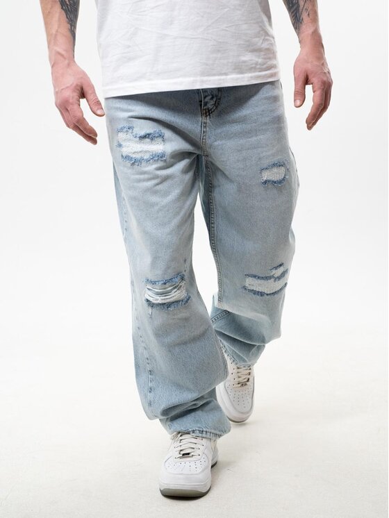 Jigga Wear Jigga Wear Jeansy Spodnie Jeansowe Baggy Z Uszkodzeniami Męskie Jasne Niebieskie Jigga Wear Crown XXL Niebieski Baggy Fit