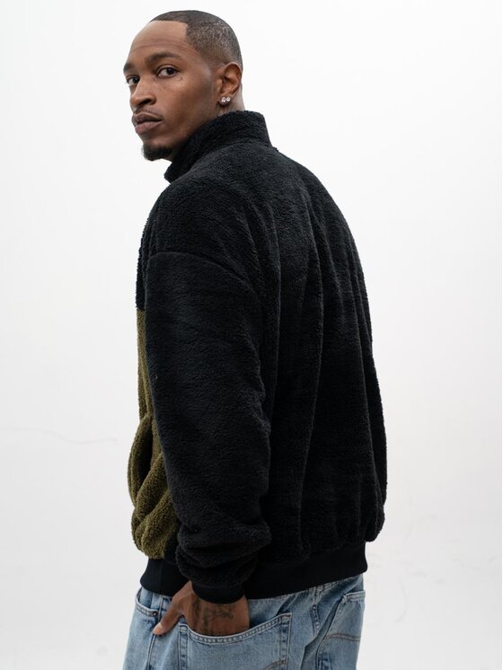 Jigga Wear Jigga Wear Bluza Sherpa Rozpinana Do Połowy Polarowa Miś Męska Oversize Czarna Oliwkowa Jigga Track M Czarny Regular Fit