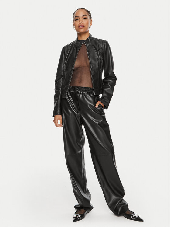 HUGO Hugo Pantaloni din imitație de piele Halmara-1 50516876 Negru Relaxed Fit