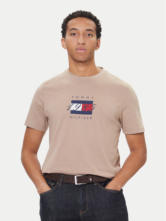 Tommy Hilfiger Tommy Hilfiger Tricou Linear Flag MW0MW41338 Bej Regular Fit
