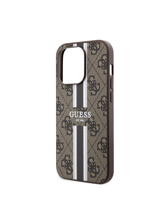 Guess Guess Etui na telefon 4G Printed Stripes MagSafe Brązowy