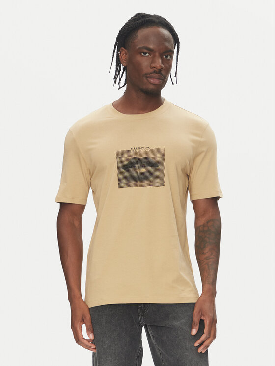 HUGO Męski T-Shirt, rozmiar M, Beżowy, Deterni 50544496