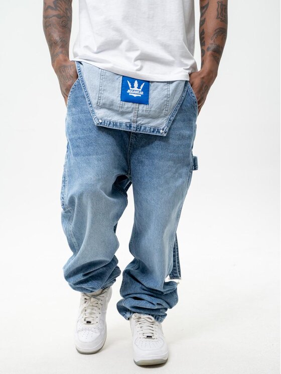 Jigga Wear Jigga Wear Ogrodniczki Spodnie Jeansowe Ogrodniczki Męskie Jasne Niebieskie Jigga Wear Logo Dungarees Baggy XL Niebieski Baggy Fit