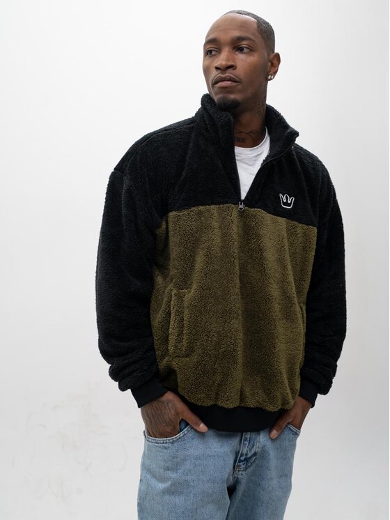 Jigga Wear Jigga Wear Bluza Sherpa Rozpinana Do Połowy Polarowa Miś Męska Oversize Czarna Oliwkowa Jigga Track M Czarny Regular Fit