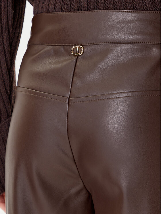 TWINSET TWINSET Hlače iz umetnega usnja 252TP2091 Rjava Straight Fit
