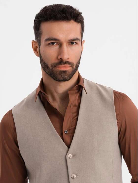 Ombre Ombre Kamizelka garniturowa OM-BLZV-0142 Beżowy Slim Fit