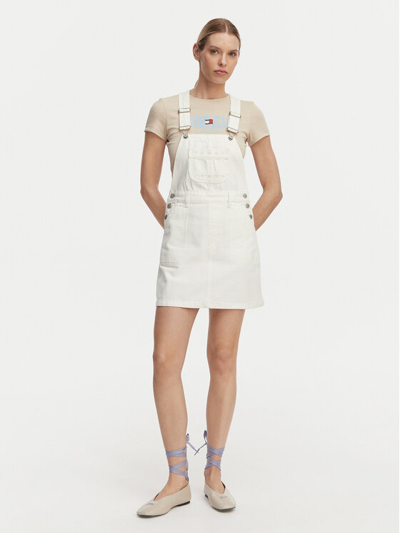 Tommy Jeans Tommy Jeans Džinsinė suknelė Logo Pocket Dungaree DW0DW22002 Balta Regular Fit