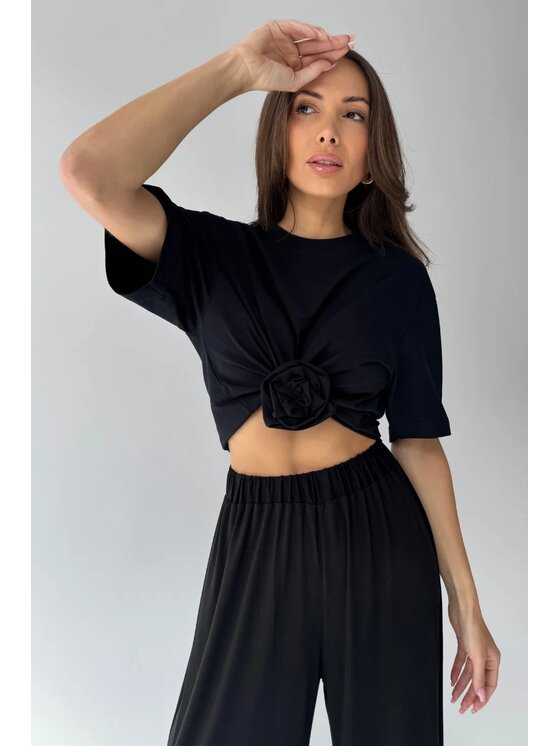 Chiara Wear Chiara Wear T-Shirt T-shirt crop top z różą ROSE Czarny Oversize