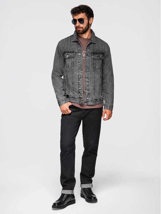 Ombre Ombre Kurtka jeansowa OM-JADJ-0219 Szary Regular Fit