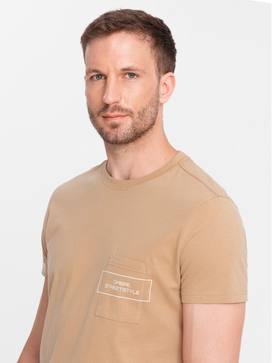 Ombre Ombre T-Shirt OM-TSCT-0108 Beżowy Regular Fit