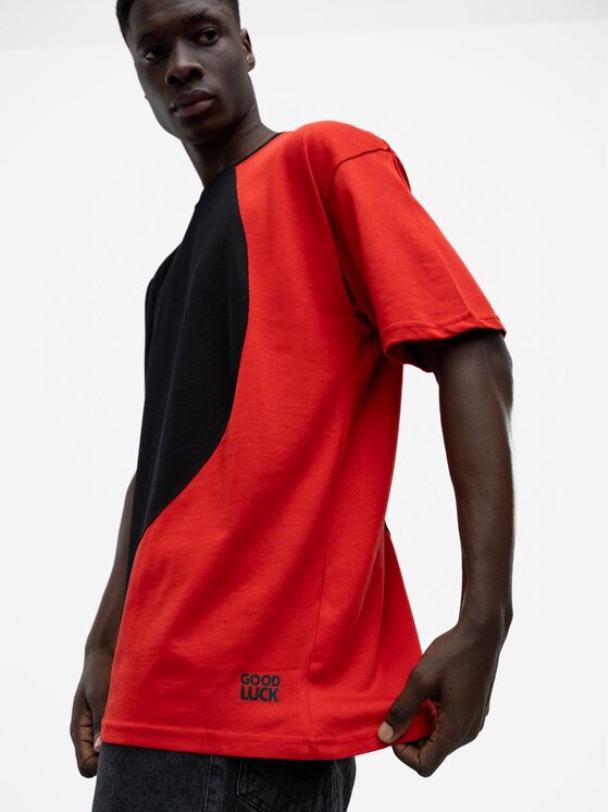 Good Luck Good Luck T-Shirt Koszulka Męska Z Krótkim Rękawem Oversize Czarna / Czerwona GOOD LUCK Loopy L Czarny Regular Fit
