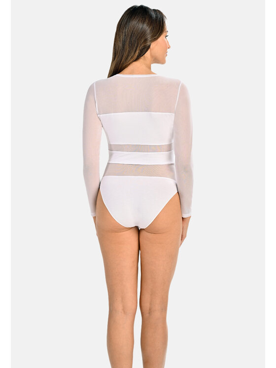 Teyli Teyli Body z wiskozy z siateczką Stripy Biały Regular Fit