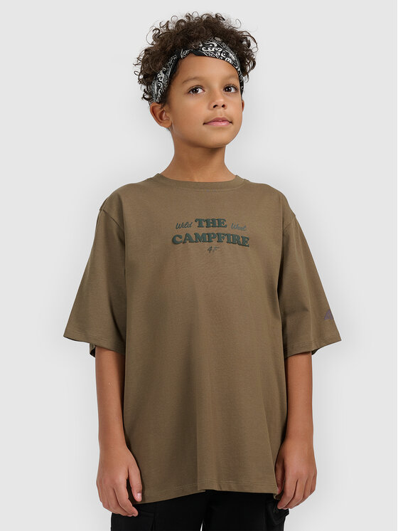 4F 4F T-Shirt HIKING TRIP Khaki Loose Fit