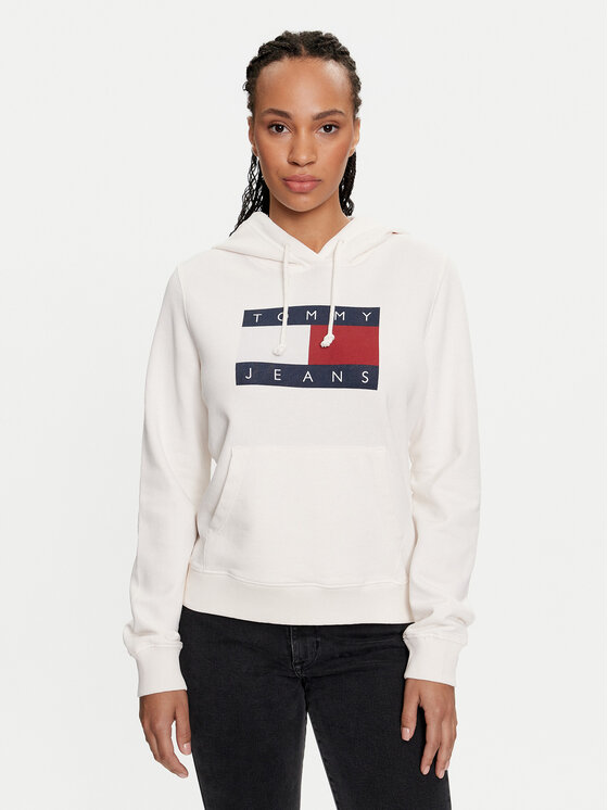 Tommy Jeans Džemperis ar kapuci Flag DW0DW18654 Balts Regular Fit