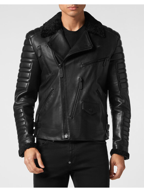 PHILIPP PLEIN PHILIPP PLEIN Kožená bunda 2471 Černá Slim Fit