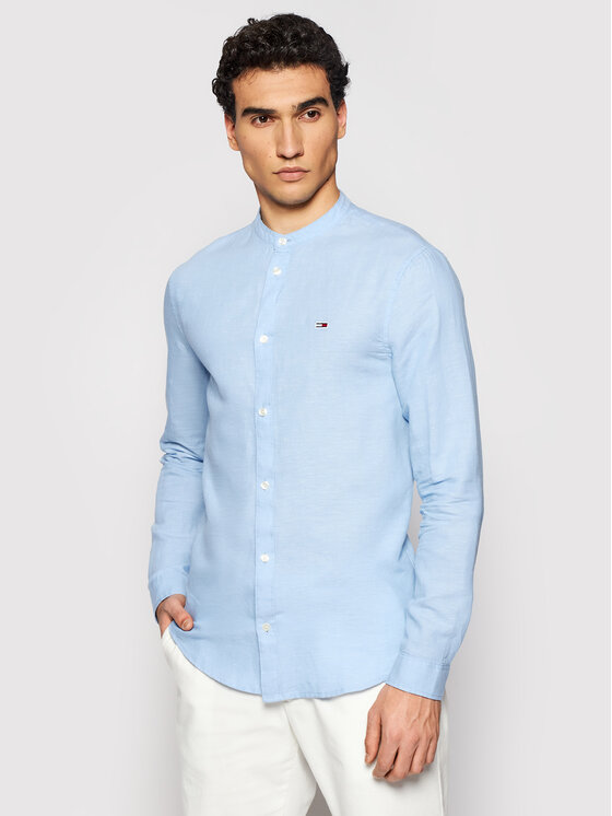 Tommy Jeans Marškiniai Mao Linen Blend DM0DM10617 Mėlyna Slim Fit •  Modivo.lt