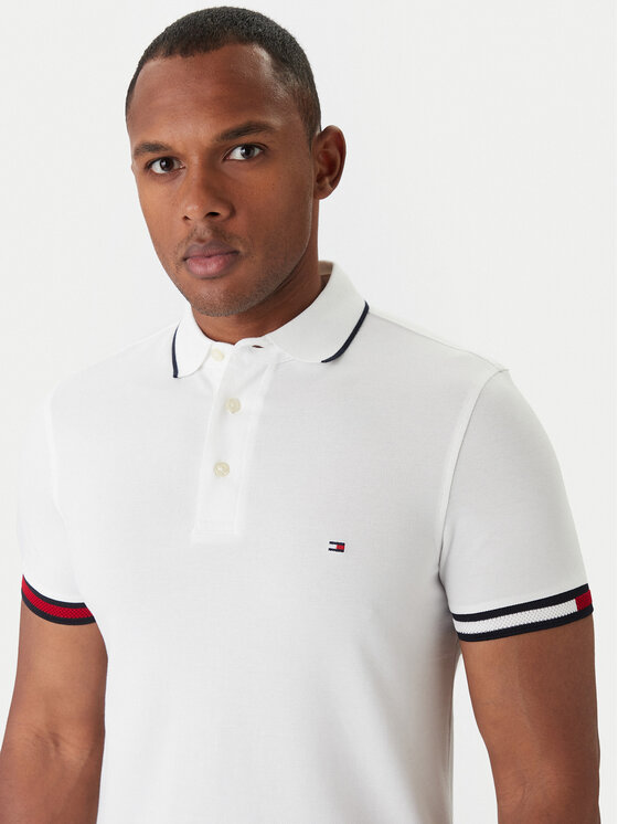 Tommy Hilfiger Tommy Hilfiger Тениска с яка и копчета Flag Cuff MW0MW38458 Бял Slim Fit