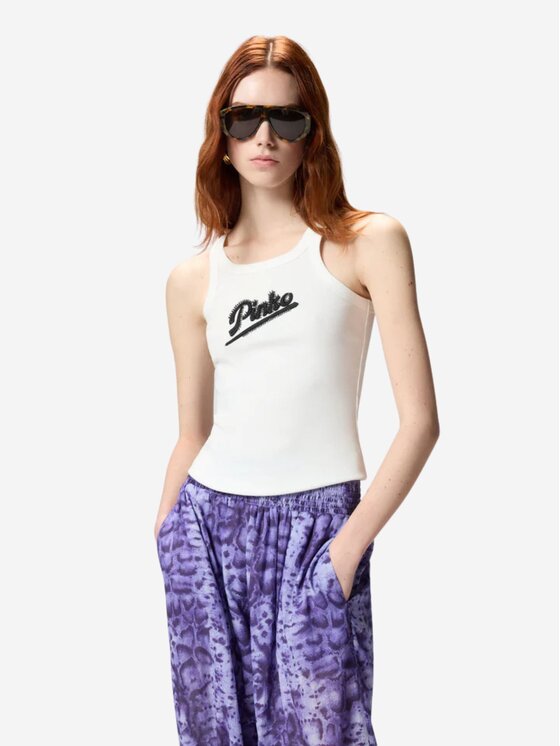 PINKO PINKO Top Canotta con ricamo e strass Biały Slim Fit