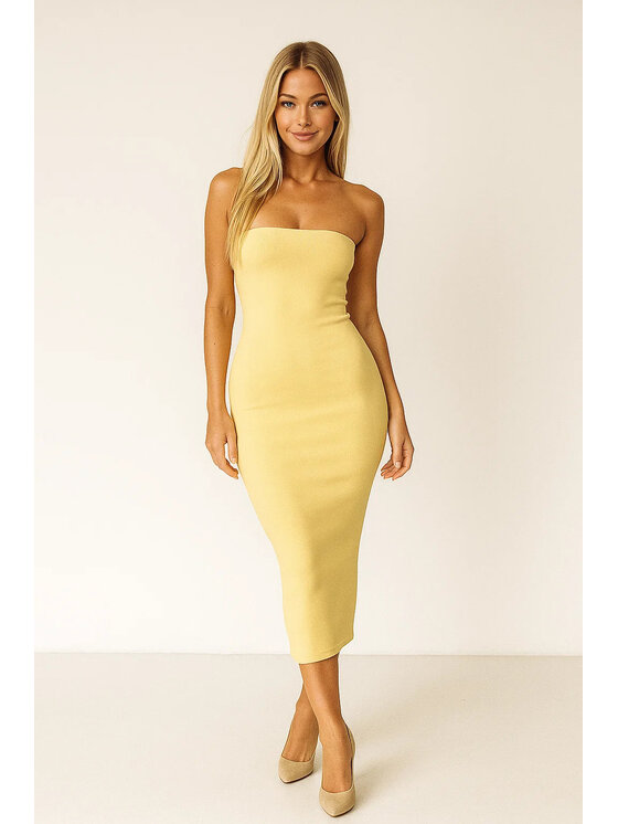 Nudyess Nudyess Sukienka dzianinowa Melrose Midi z prążka Żółty Fitted Fit