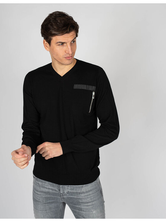 Les Hommes Les Hommes Svetr LKK103-606U | Fit Jumper In Fine Gage Pocket With Zip Černá Regular Fit