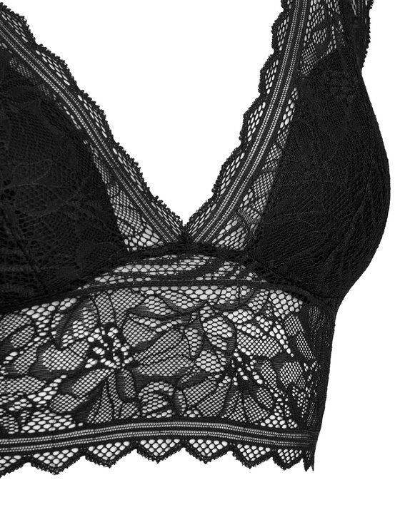 Zbliżenie na dolną część koronkowego biustonosza bralette z przodu.
