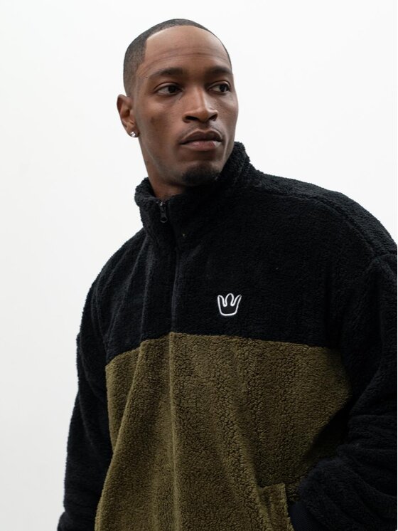 Jigga Wear Jigga Wear Bluza Sherpa Rozpinana Do Połowy Polarowa Miś Męska Oversize Czarna Oliwkowa Jigga Track M Czarny Regular Fit