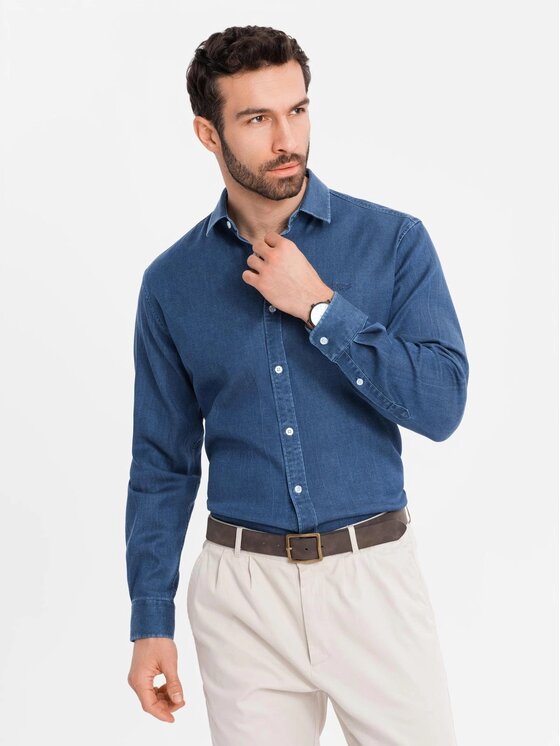 Ombre Ombre Koszula jeansowa OM-SHDS-0180 Niebieski Regular Fit