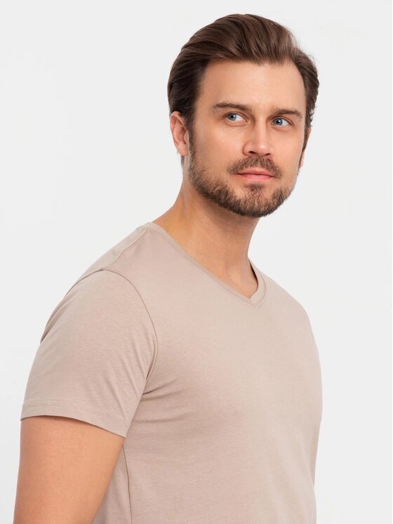 Ombre Ombre Komplet 3 t-shirtów OM-TSBS-0233 Beżowy Regular Fit