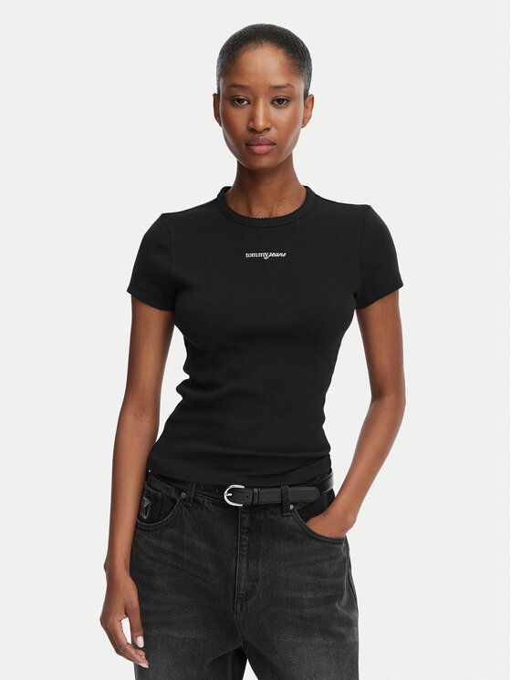Tommy Jeans Tricou Script Rib DW0DW22809 Negru Slim Fit
