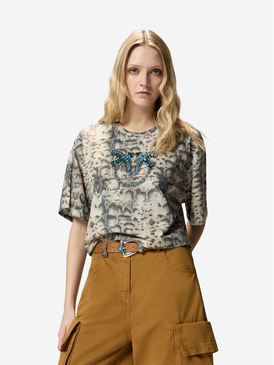 PINKO PINKO T-Shirt T-shirt cropped con stampa snake e Love Birds Beżowy Regular Fit
