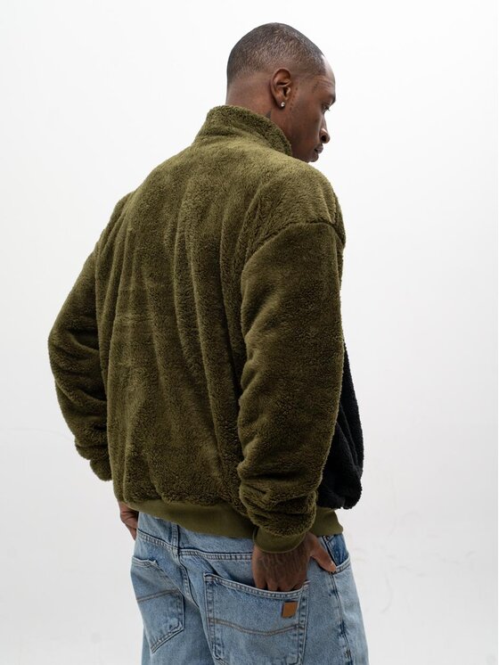 Jigga Wear Jigga Wear Bluza Sherpa Rozpinana Do Połowy Polarowa Miś Męska Oversize Czarna Oliwkowa Jigga Track M Khaki Regular Fit