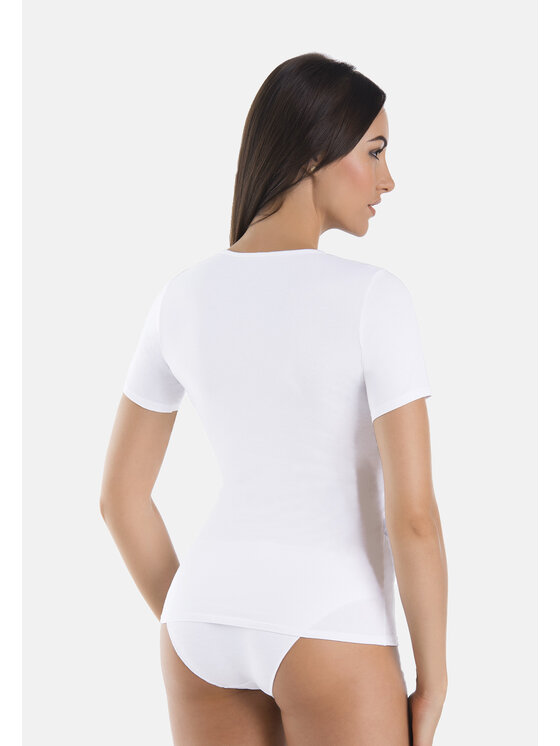 Teyli Teyli T-Shirt Koszulka bawełniana dekolt V Biały Standard Fit